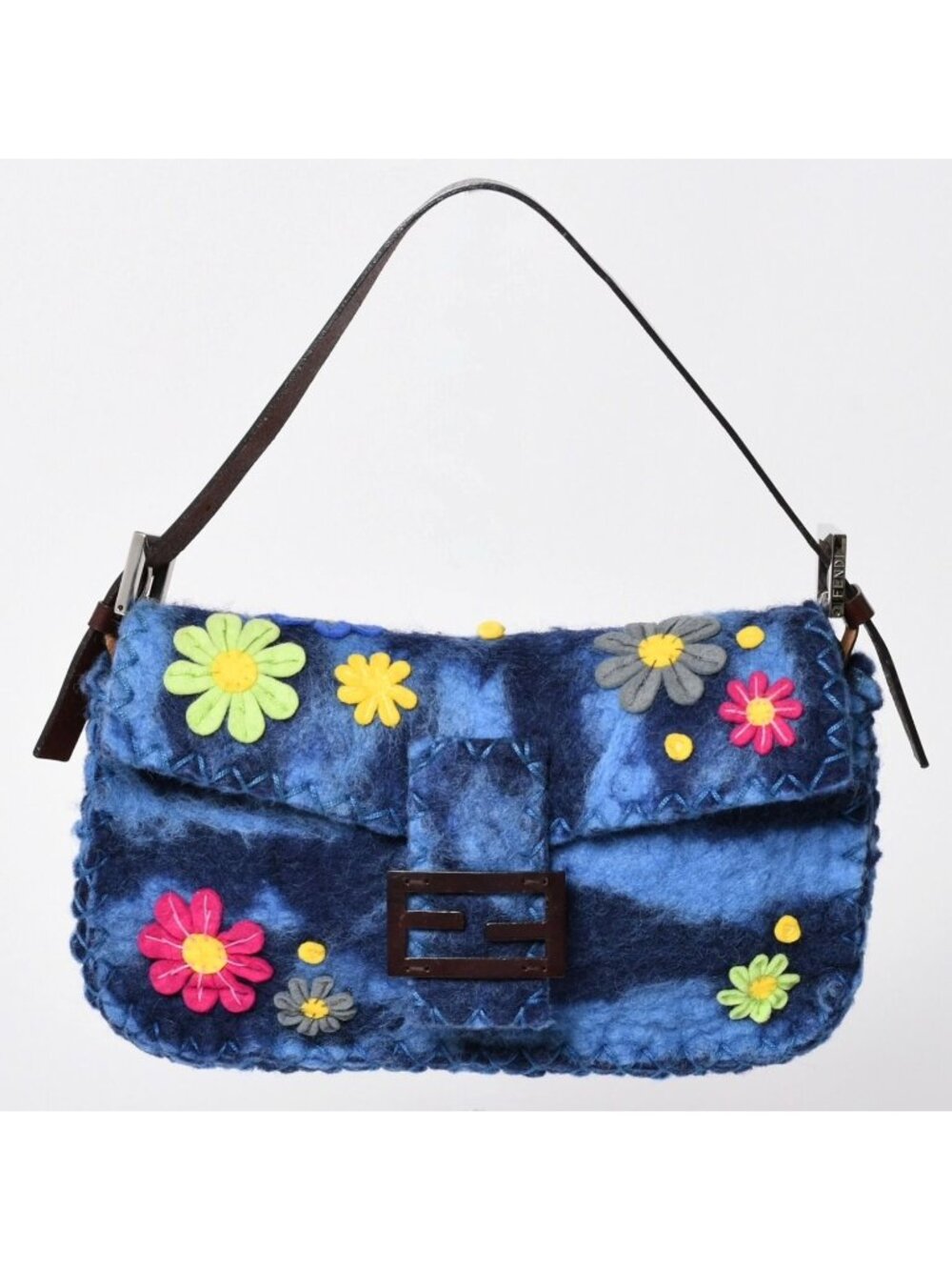 Fendi Mamma Baguette Bag Felt Leather Flower Patchwork Blue Silver